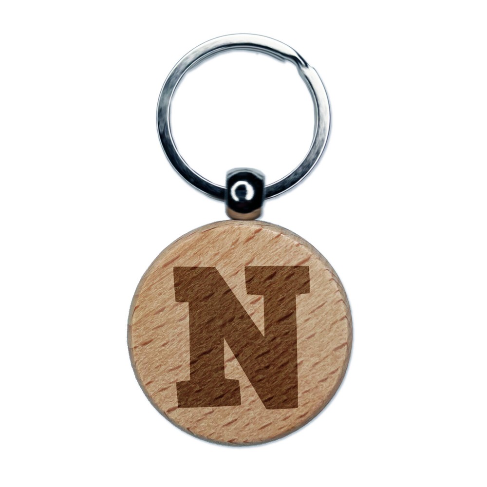 Letter N Uppercase Fun Bold Font Engraved Wood Round Keychain Tag Charm