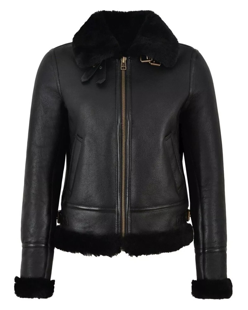 Women's RAF B3 Bomber Aviator Genuine Leather Black Sheepskin Jacket Fur Coat