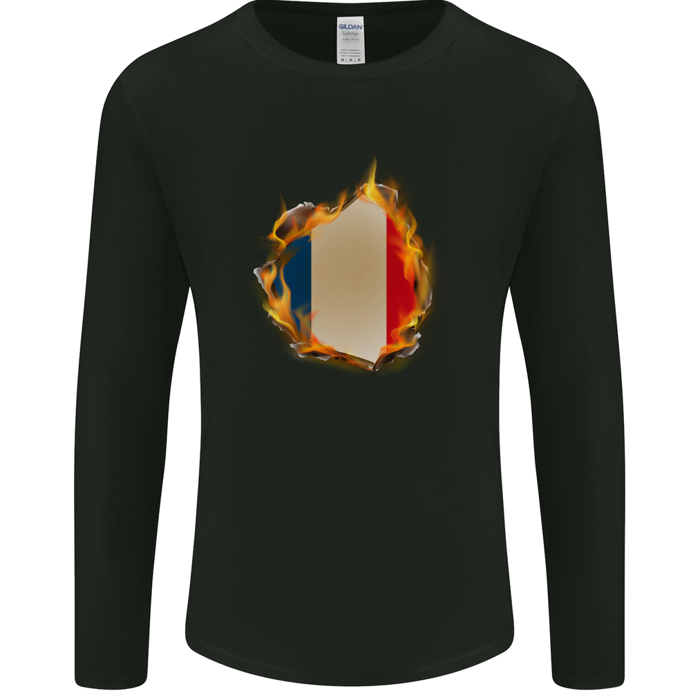 French Tricolour Flag Fire Long Sleeve T-Shirt for Men