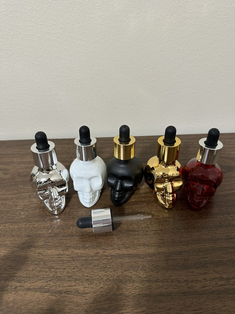 Lot Of 5 Glass Skull Shaped Oil Droppers - Essential Oils, Hair Oil, Read Below