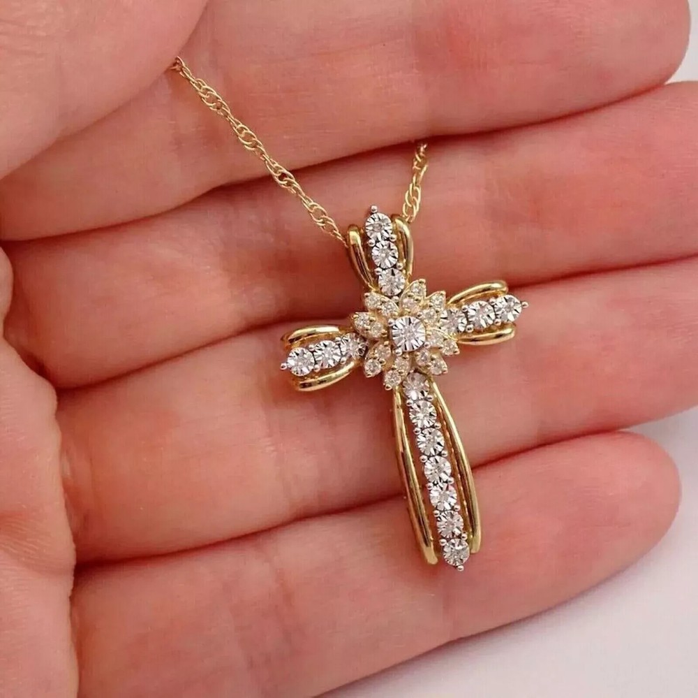 14K Gold Plated Women's Cross Pendant with 2.10Ct Simulated Diamond