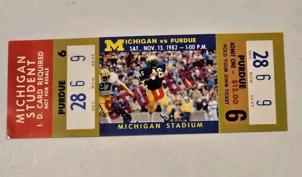Vintage 1982 Football Ticket University of Michigan vs Purdue Michigan Stadium