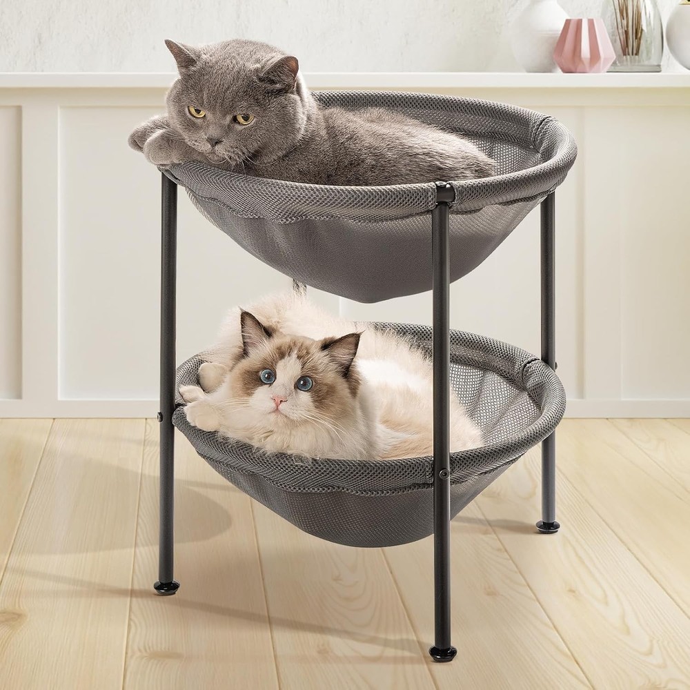 Double Cat Bed Grey - 2-Level Breathable Hammock with Anti-Slip Adjustable Feet-image