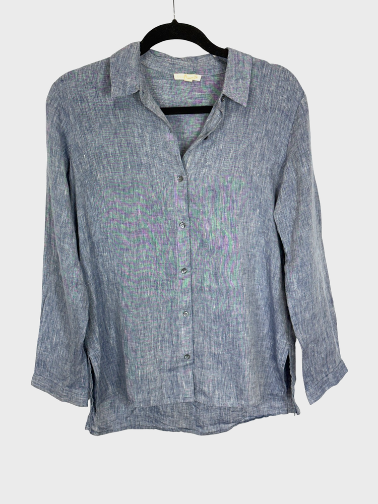 Eileen Fisher shirt sz XXS blue organic linen preppy sustainable coastal button