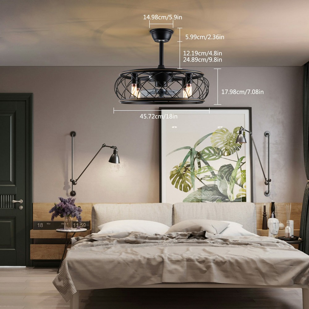 Retro 18-inch Metal Caged Ceiling Fan with Lights and Remote Chandelier Style