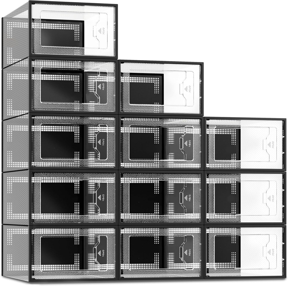 12/24 Pack XL Clear Drop Side Shoe Boxes Stackable Sneaker Storage Display Case
