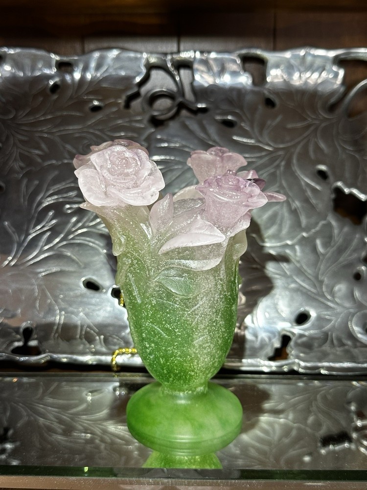 DAUM CRYSTAL ROSES VASE GREEN & PINK SMALL #03507 BRAND NIB FRENCH RARE