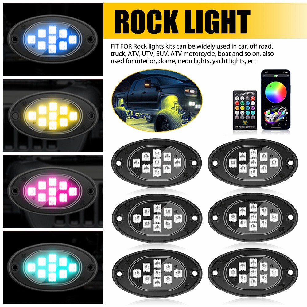 6 Pods RGB LED Rock Lights Kit Offroad Underglow Neon Light Bluetooth App Remote