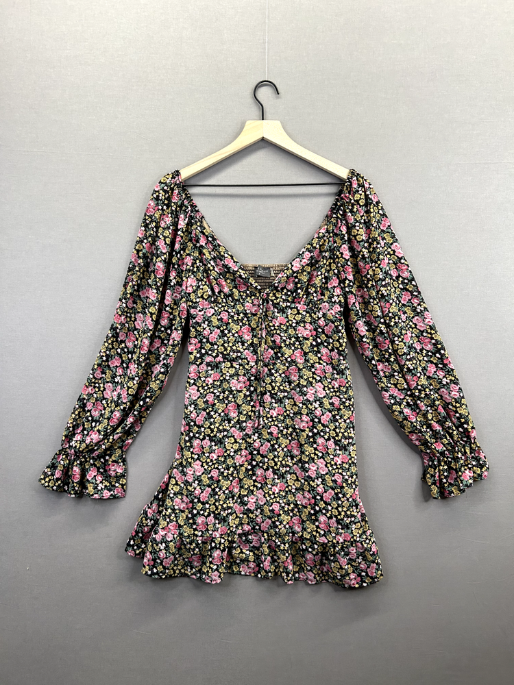 Dress Forum Womens Mini Dress Floral Black Long Sleeve Drawstring Size Small