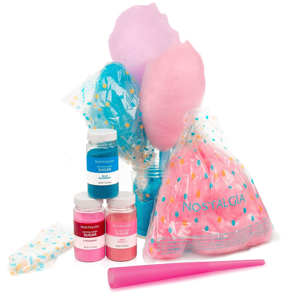 Cotton Candy Party Kit, 3 Flavors, 4 Reusable Cones, 10 Floss Bags