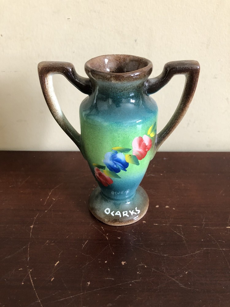 Vintage Hand-Painted Floral Glaze Dual Handle Ceramic Vase Signed Ocarks