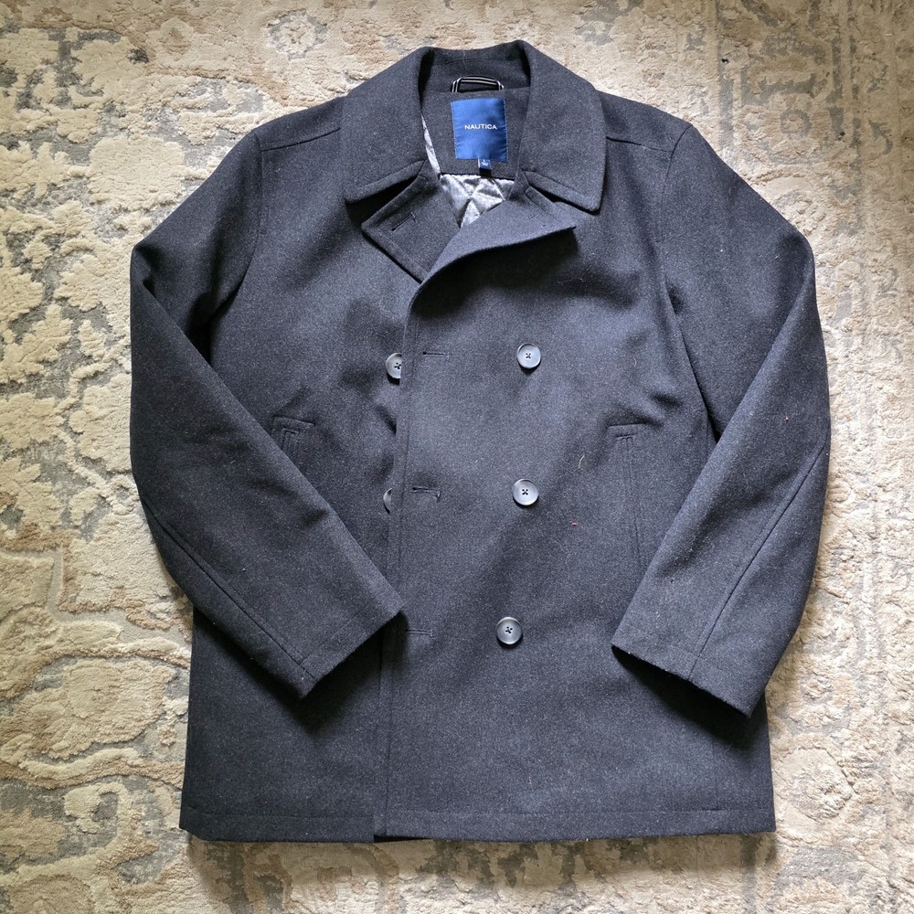 Nautica Peacoat Trench Men's Large Navy Blue Padded Lining Semi Casual Wool