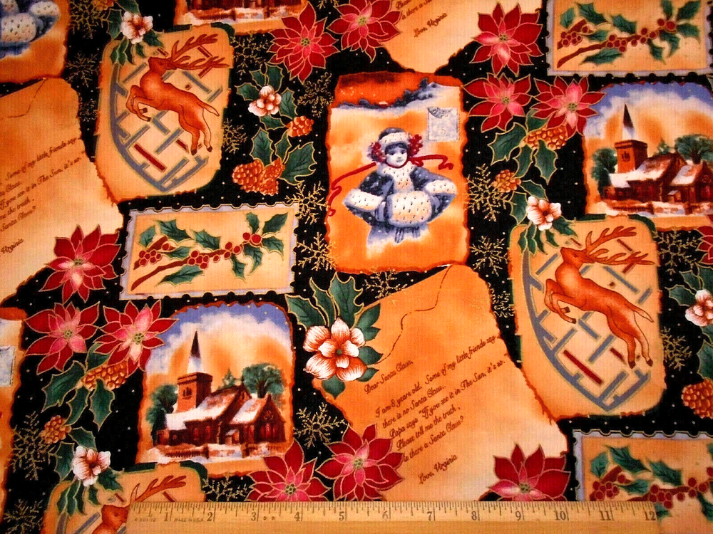 Vintage Christmas Fabric by Yard - Floral Metallic Gold on Black Cotton #90 #C-image