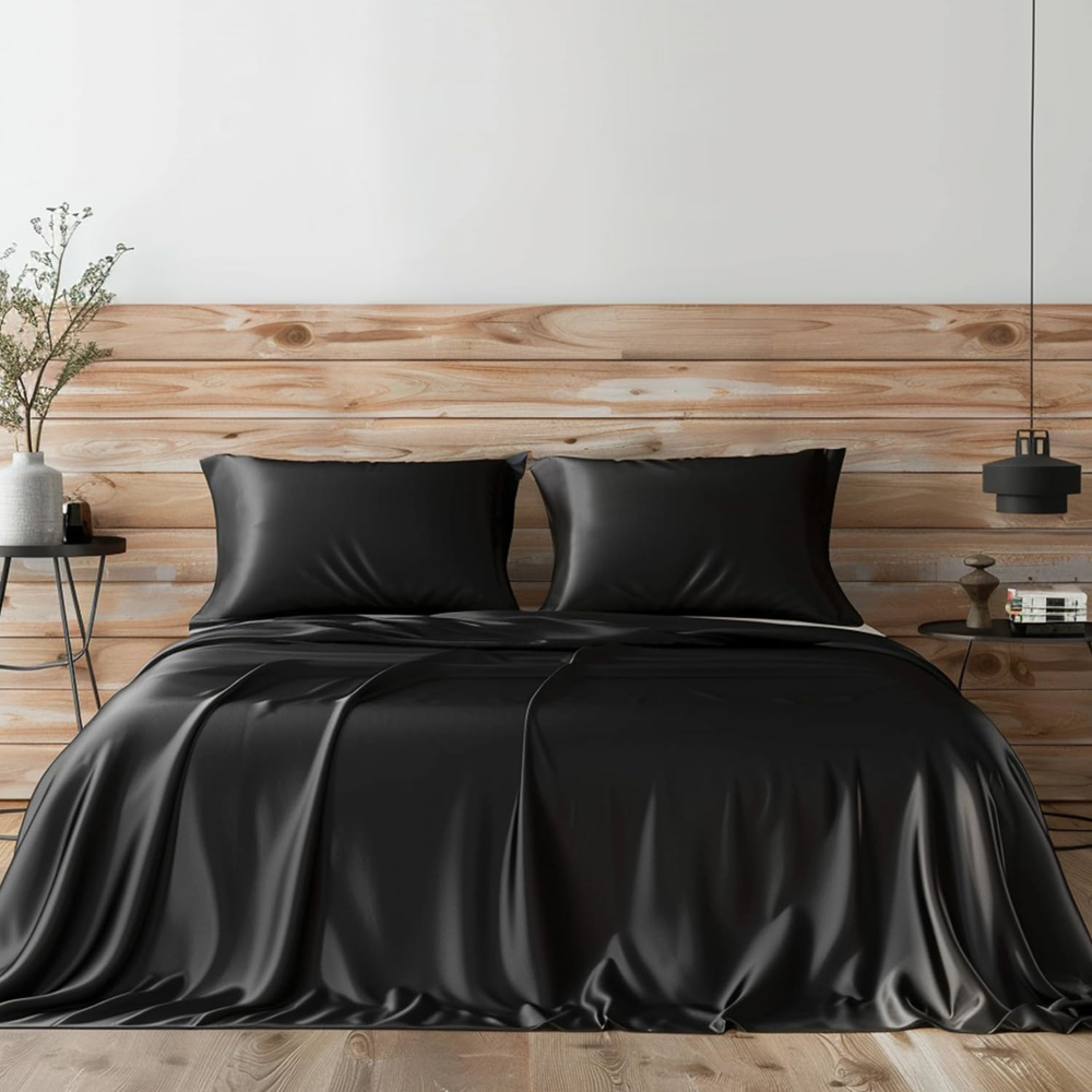 Queen Size Black Satin Bed Sheet Set, 6 Pcs Soft Luxury Bedding