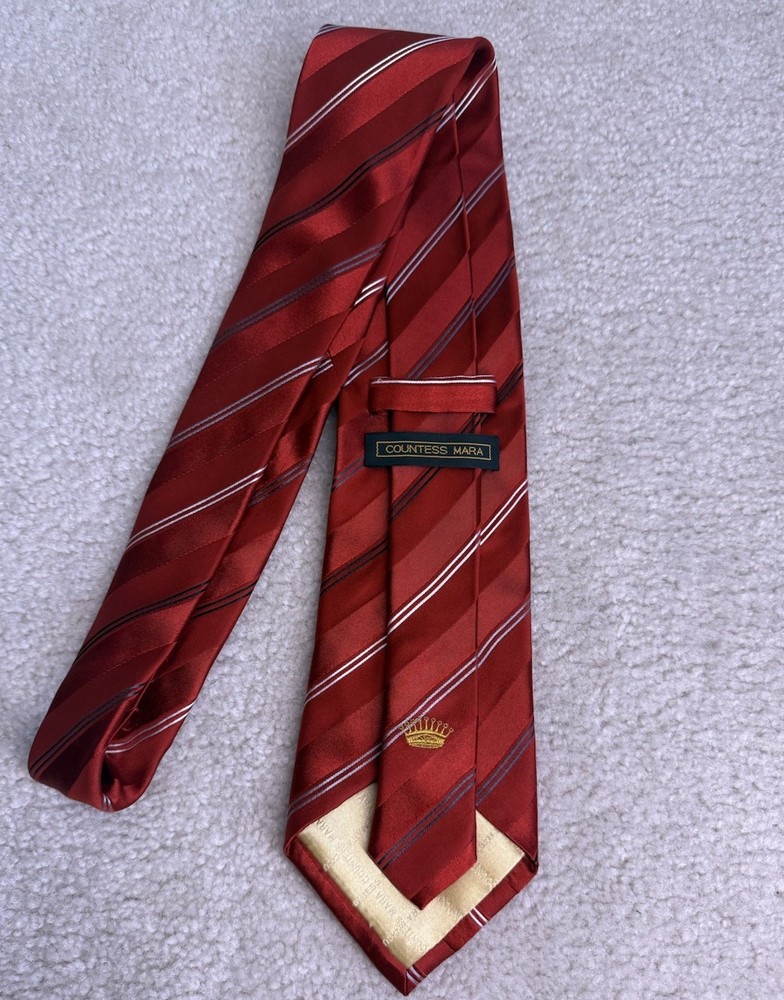 Countess Mara Red Silk Tie with Silver Black Stripes for Men  