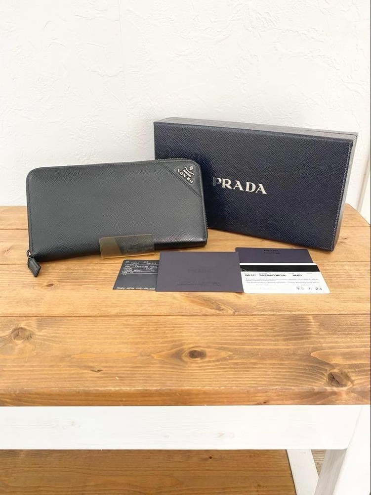 Prada Saffiano Leather Round Zipper Card Holder Wallet