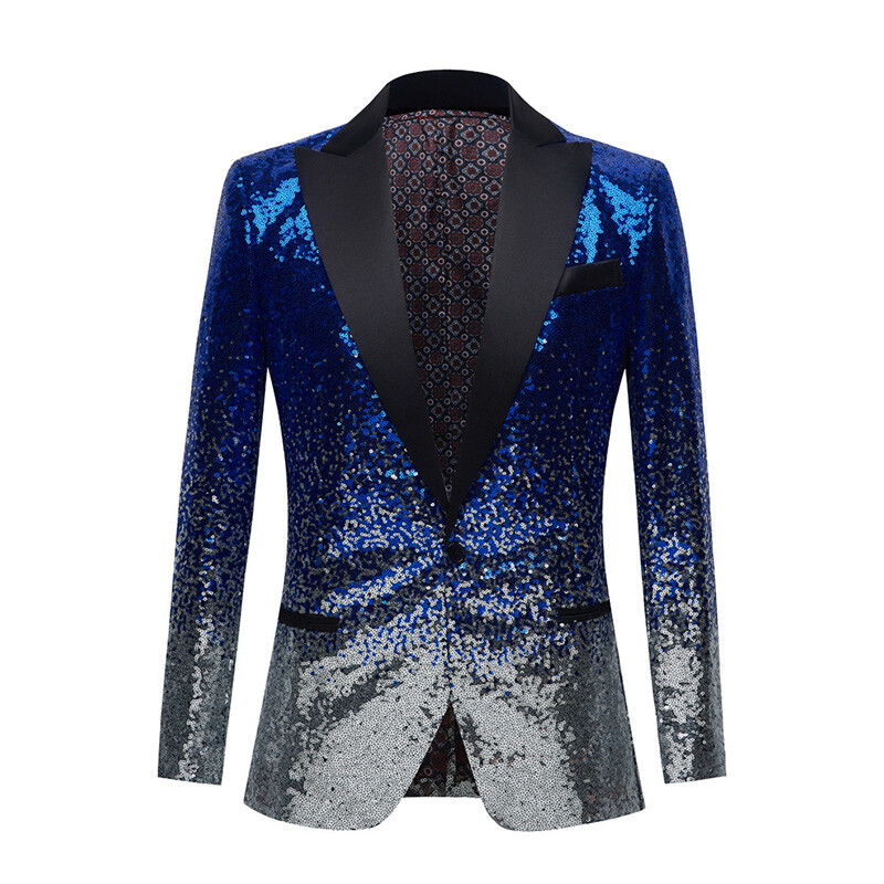 Men Two Tone Gradient Color Shiny Sequin Jacket Suit Blazer Coat Wedding Party