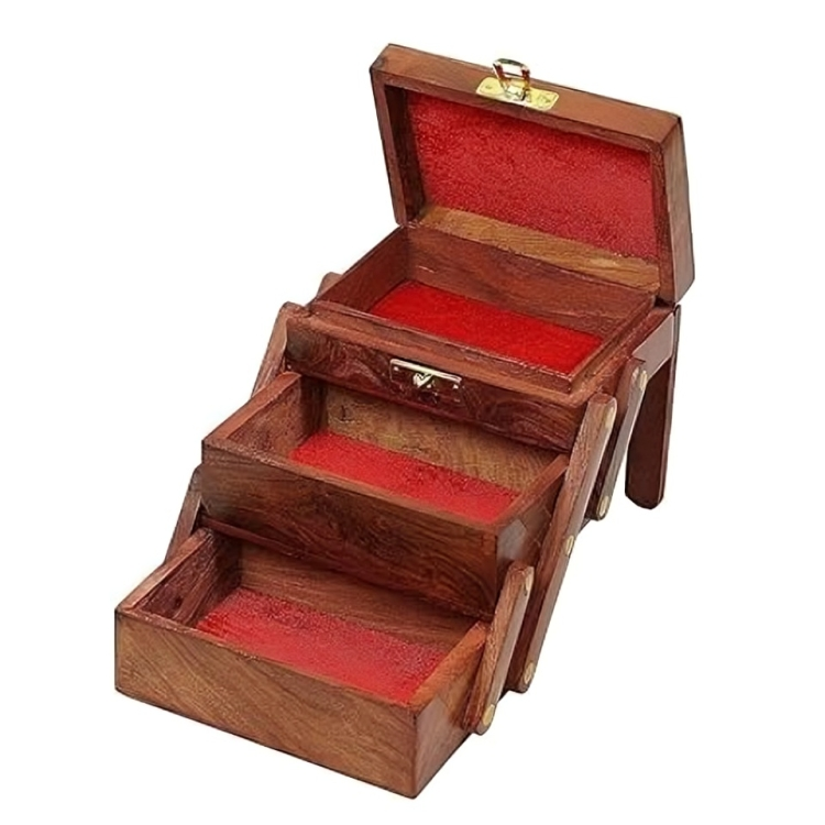 3-Layer Wooden Jewelry Box with Flip Flap Lid - Carved Keepsake Gift for Women