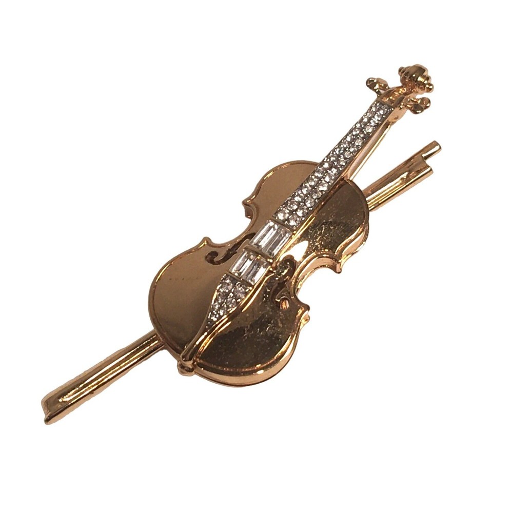 Swarovski Crystal Gold Violin Brooch Pin Signed Swan Musical Instrument