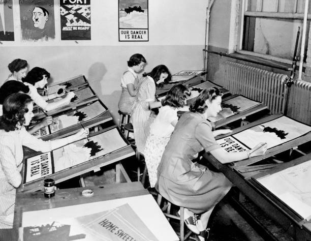 Students of Port Washington High School mass producing war posters .. Old Photo