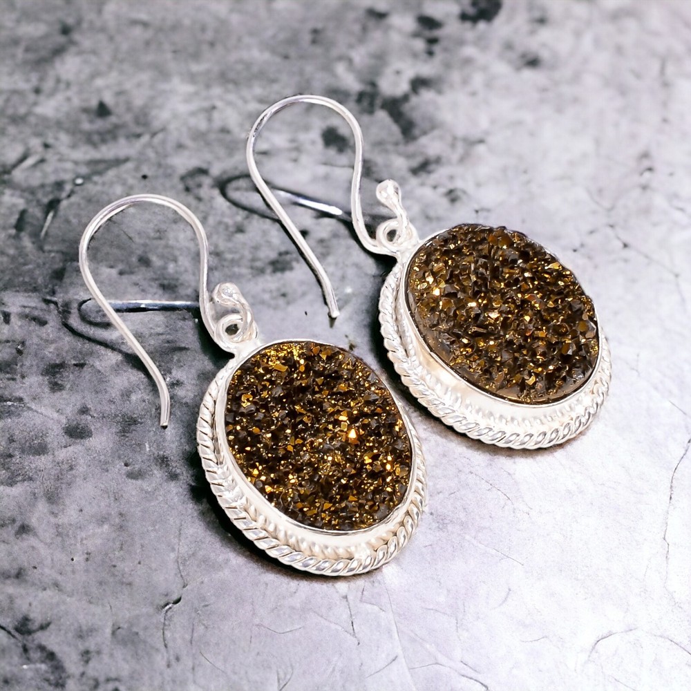 925 Silver Titanium Druzy Drop Earrings - Perfect Dailywear Gift for Women