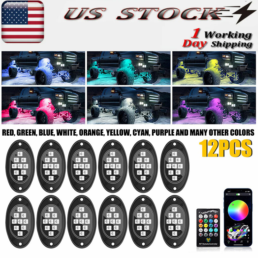 12Pods RGB LED Rock Lights Music Offroad App+Remote Underglow Control Neon Light