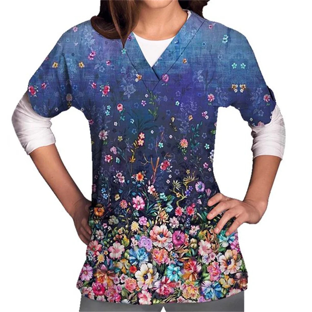 Nursing Uniform Woman Clothes Scrub Top with Pocket Floral Printed V-Neck Blouse