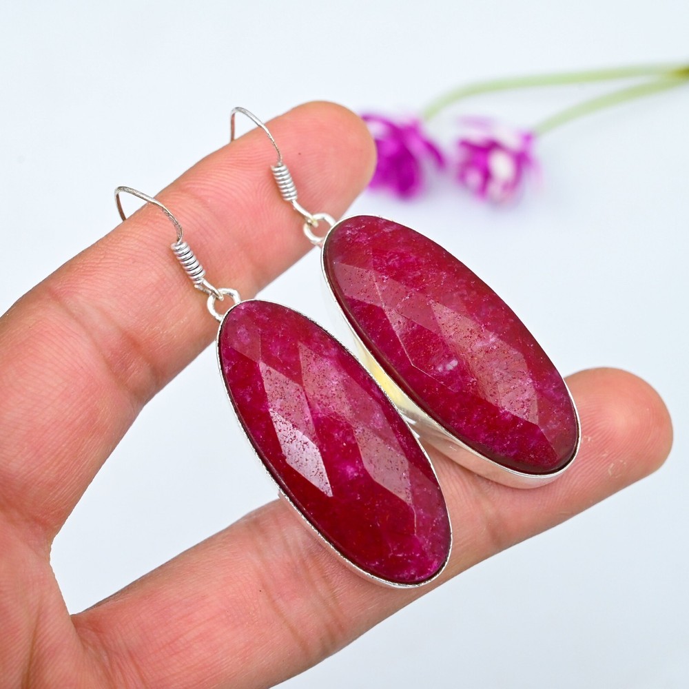 Kashmir Ruby Sterling Silver Dangle Earrings Anniversary Gift for Her