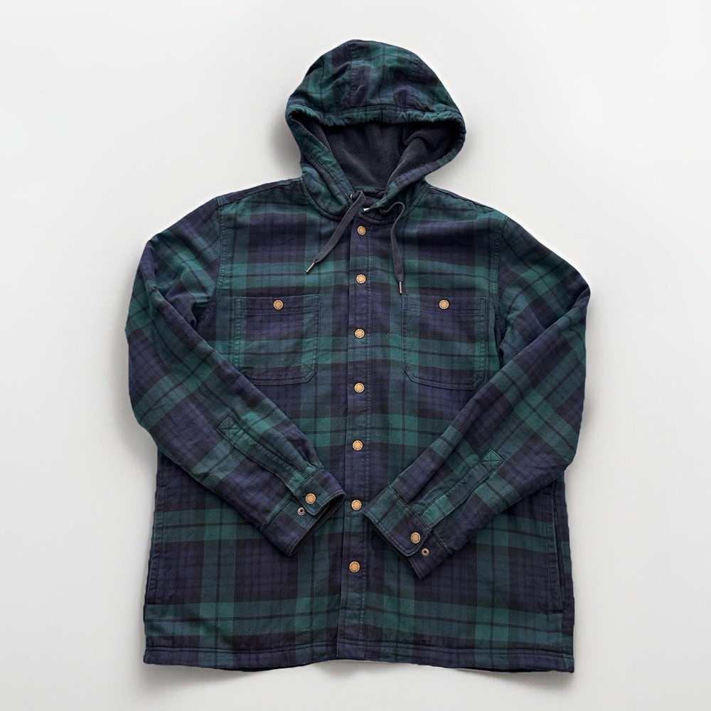 LL Bean Men's Large Snap Button Plaid Hooded Shirt Jacket in Blue Green Flannel Fleece