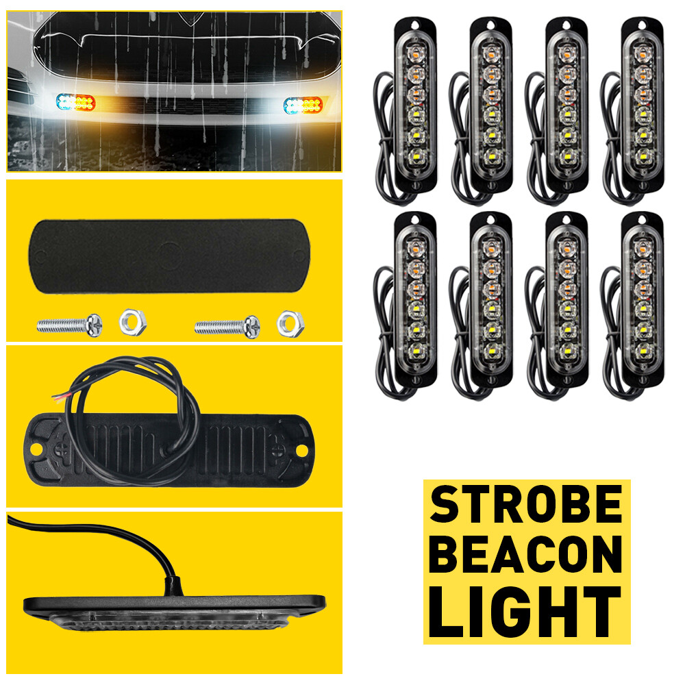 8PCS Amber/White 6LED Side Truck  Beacon Warn Hazard Flash Strobe Light