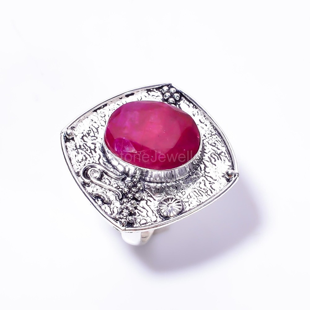 Christmas Sale Ruby Stone Sterling Silver Cocktail Elegant Wedding Ring Size 7.5-image