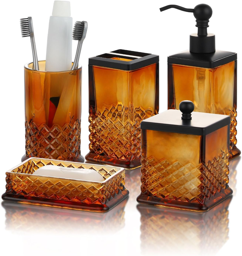 Glass Bathroom Accessories Set - Complete 5 Pc Bathroom Accessories Set Includes