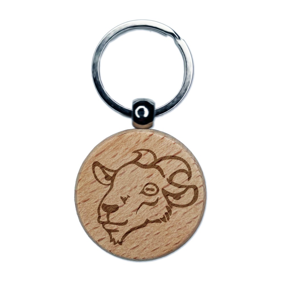 Goat Head Engraved Wood Round Keychain Tag Charm