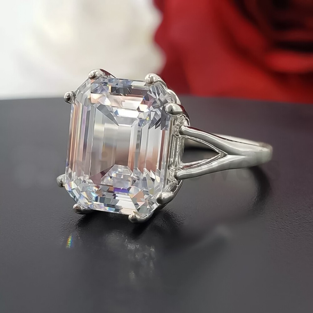 Certified 9.25 Ct White Diamond Emerald Cut Solitaire 925 Sterling Silver Ring