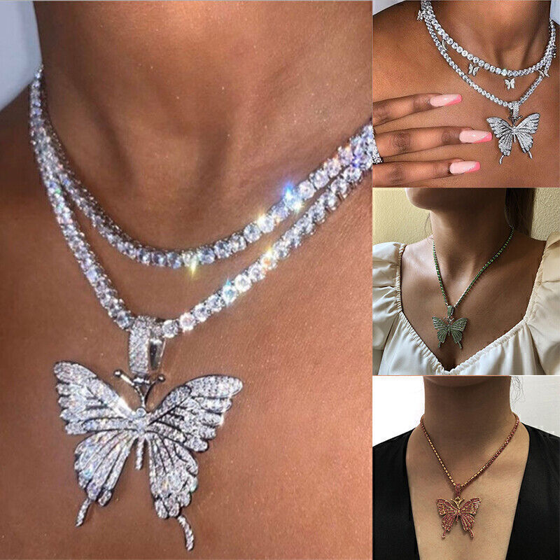 Women's Party Butterfly Pendant Necklace Rhinestone Sweater Chain Crystal Choker
