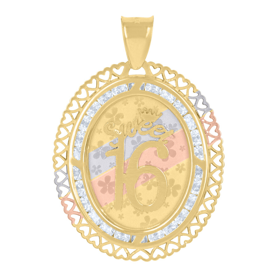 10k Tri-Color Gold CZ Heart Border Sweet 16 Quinceanera Necklace