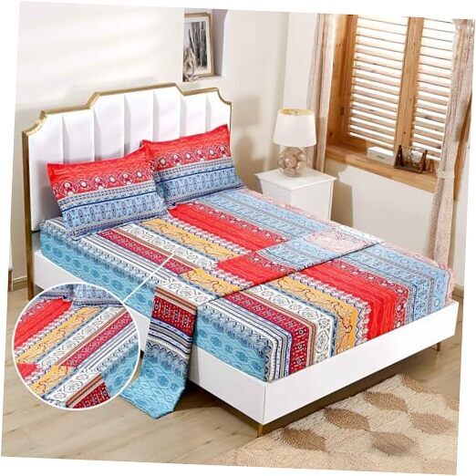 4PCS Sheet Set, Red Deep Pocket Size Fitted Sheets Set, Hotel Queen Boho