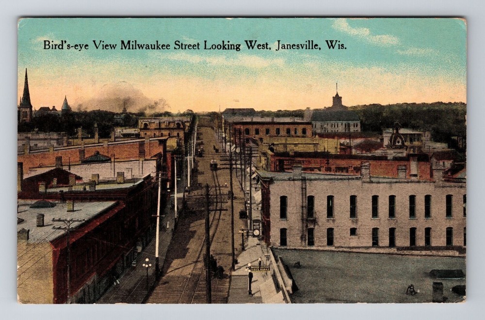 Janesville WI-Wisconsin, Birds Eye View Milwaukee Street Vintage Postcard