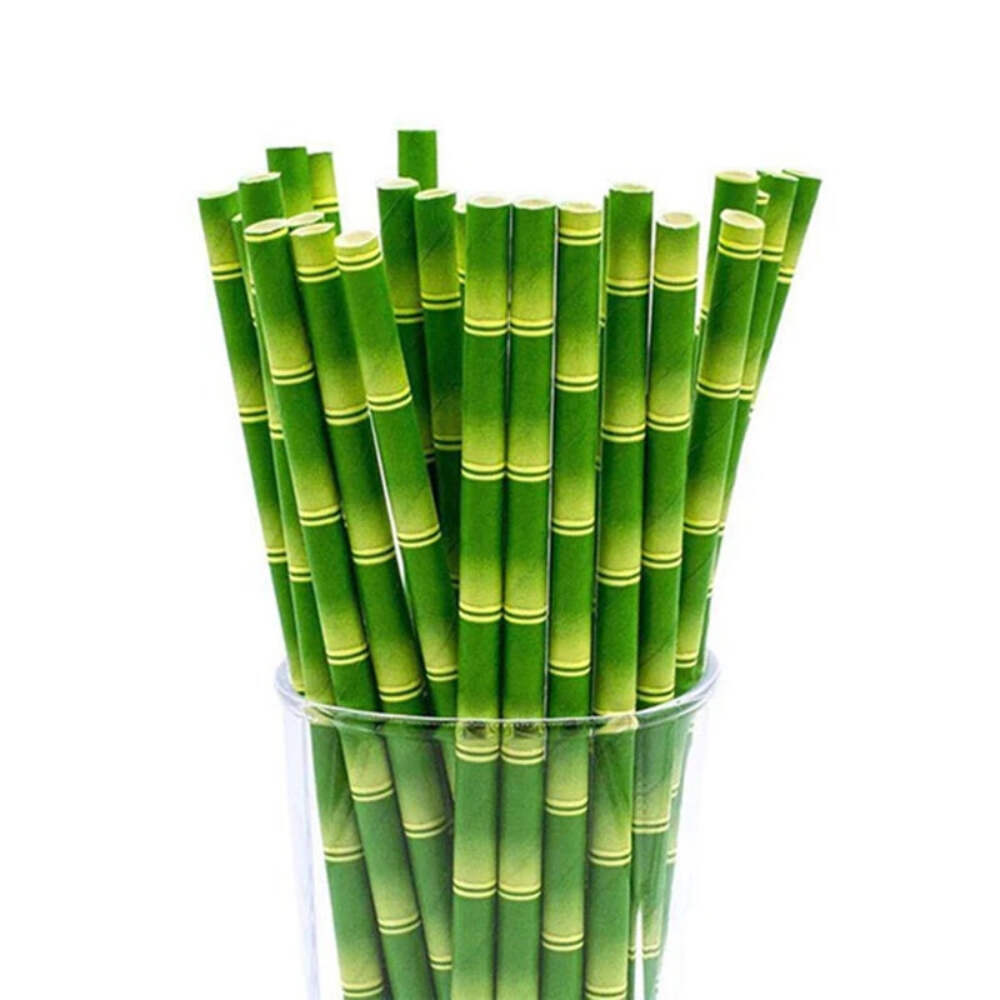 25pcs/lot Green Bamboo Paper Straws Happy Birthday Wedding Decorative Event Trop