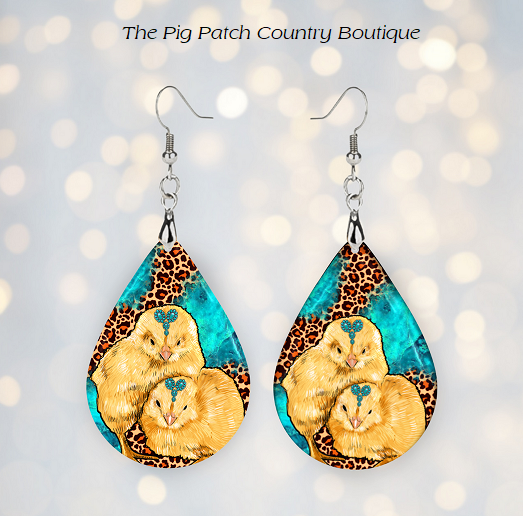 Farm Baby Chickens Western MDF Teardrop Dangle Earrings with Free Shipping