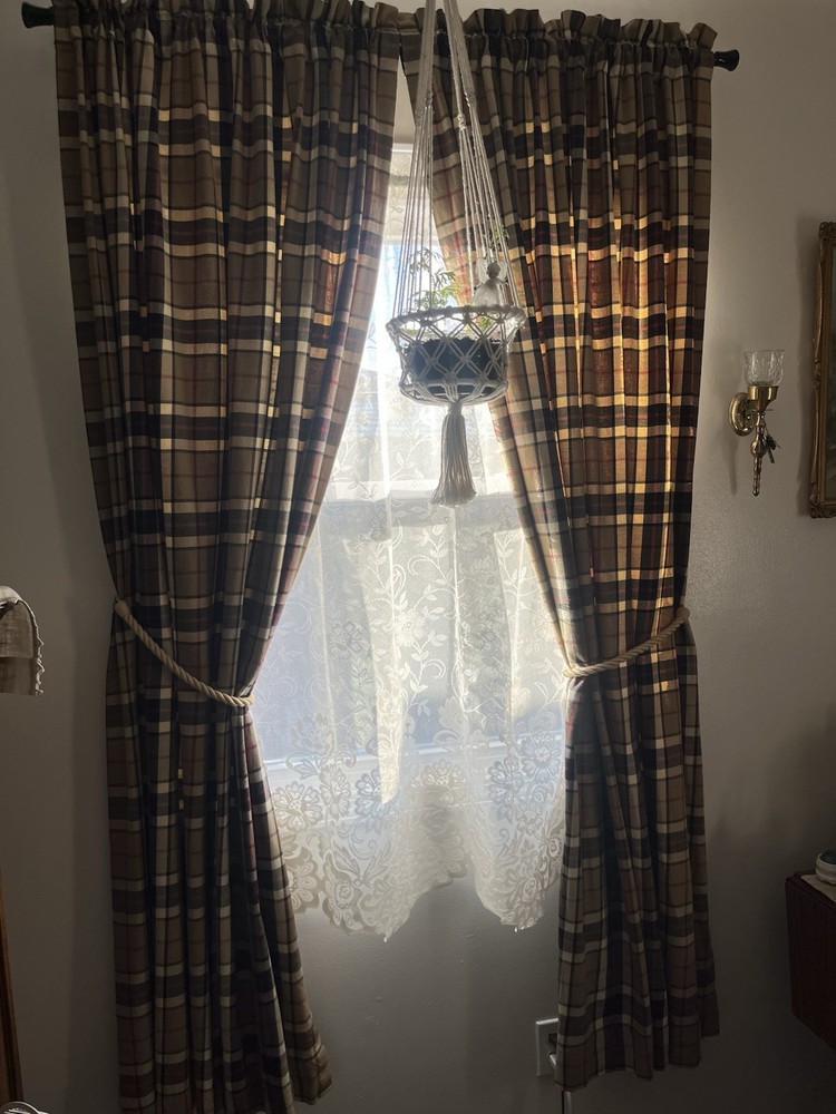 Country Curtains Brand Plaid Panels Cotton Taupe Cream Black Red 50