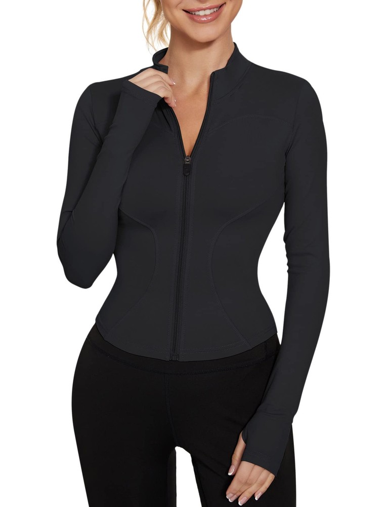 Workout Jacket for Women Zip Up Athletic Jackets Slim Fit Yoga Tops Black M