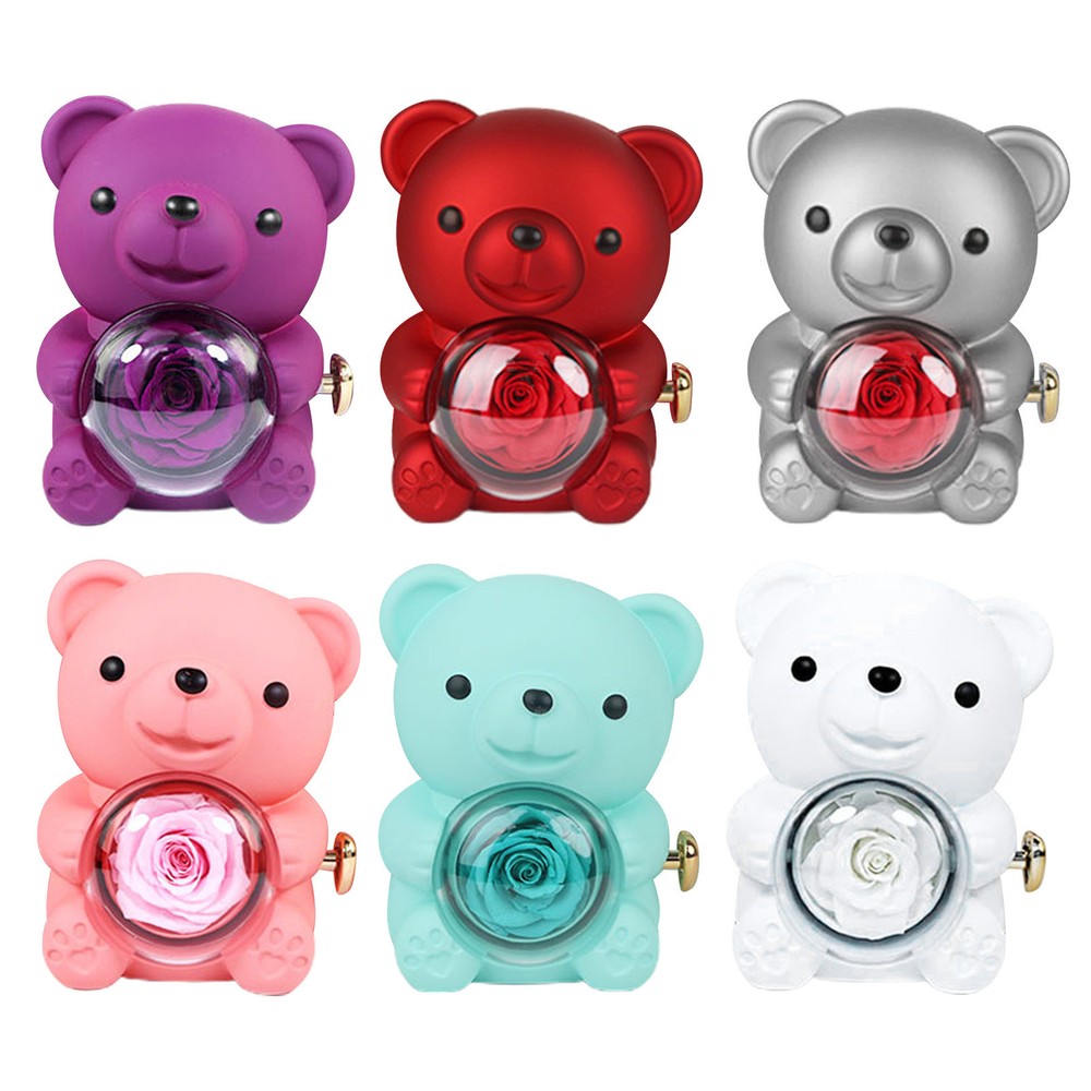 Rotating Bear Gift Box With Eternal Rose And Real Flower Jewelry Box Romantic