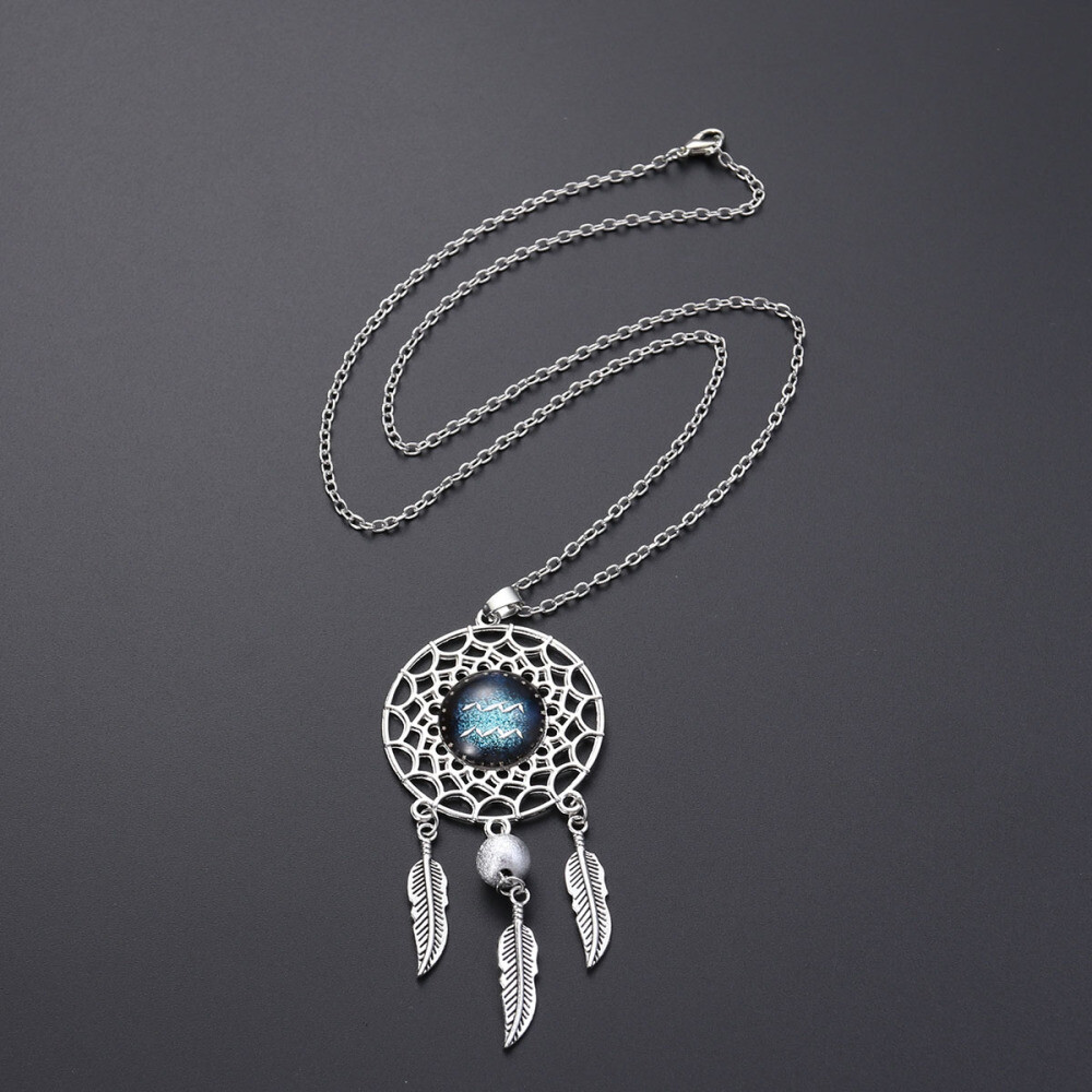 Dream Catcher Necklace Women Retro Bohemia Zodiac Sign Pendant Dangling Feather
