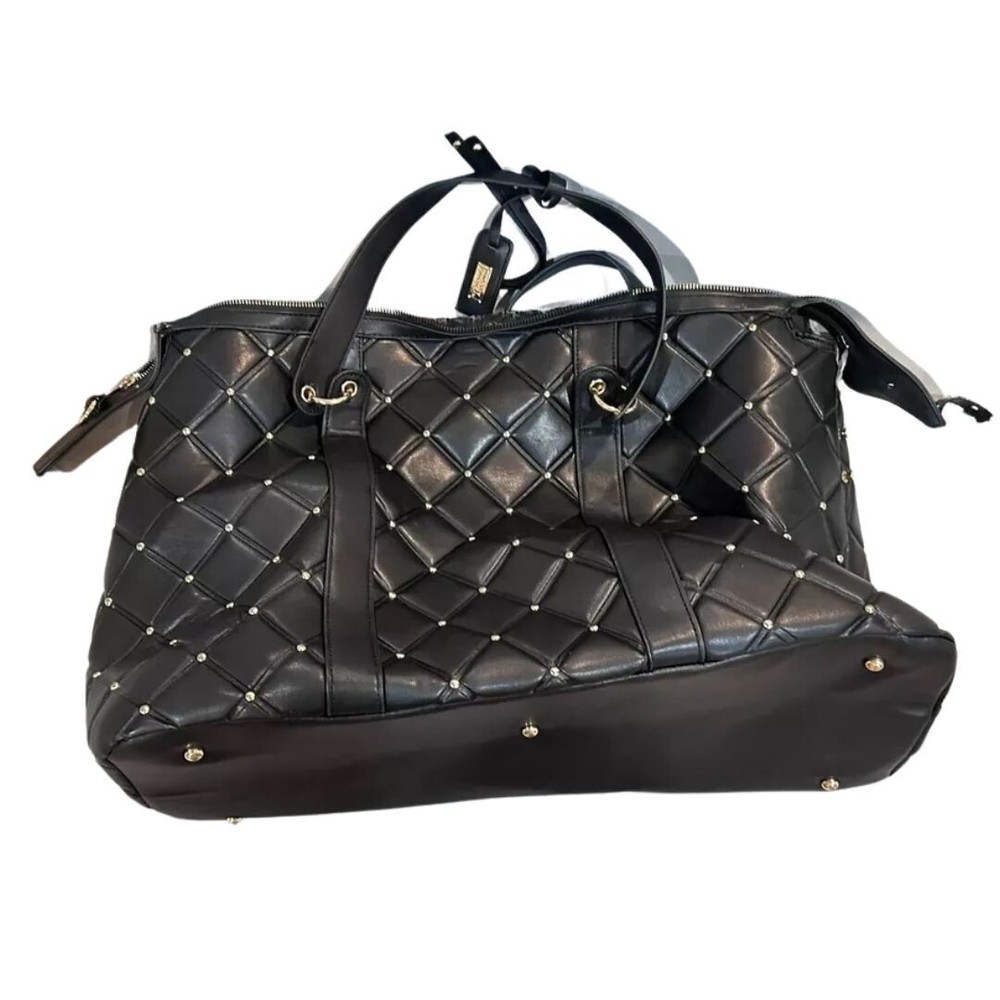 Black Quilted Leather Travel Tote Bag - Weekend Getaway Bag