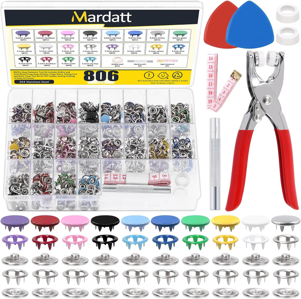 200 Sets Snap Fasteners Tool Kit with Hollow and Solid Metal Prong Snaps Buttons