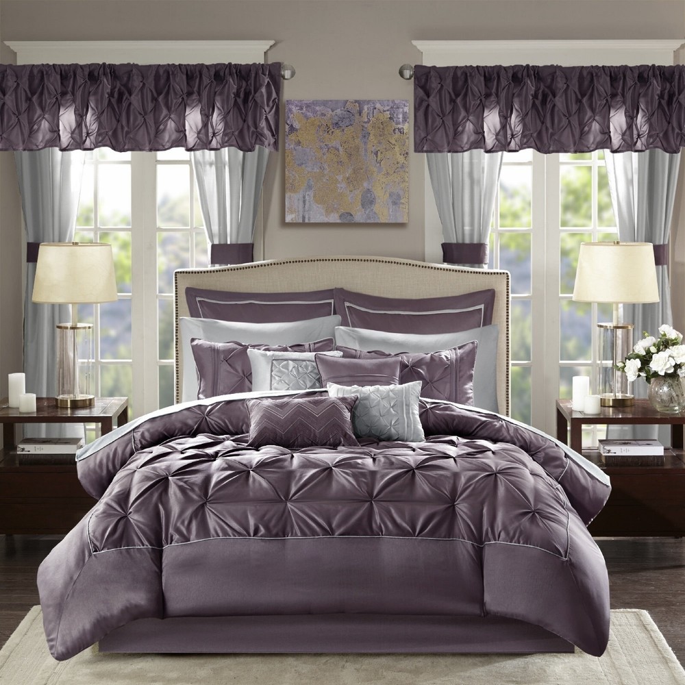Queen Bedding Set 24 Piece Room Decorative Purple Comforter Bed Sheets Curtain L