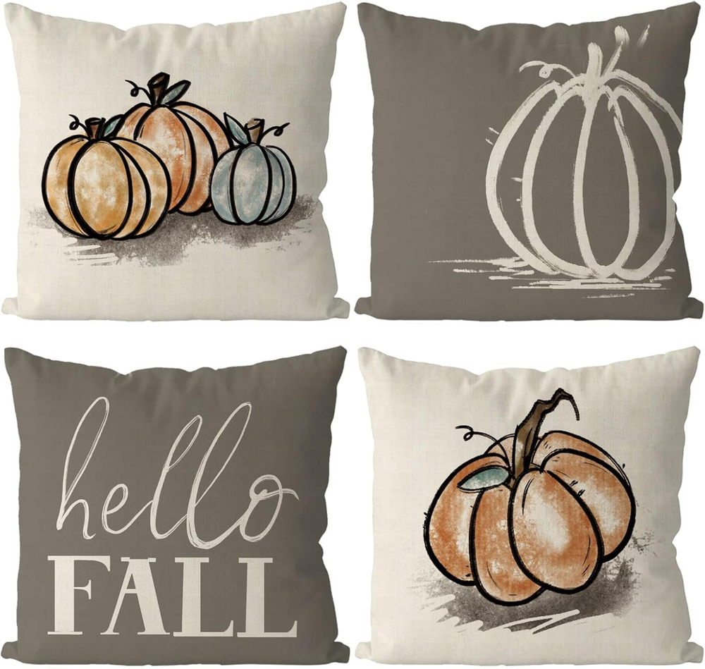18x18 Fall Pumpkin Grey Pillow Cover Autumn Harvest Hello Fall Decorative Throw