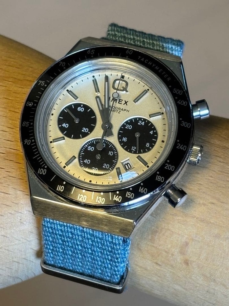 Timex Q Chronograph Panda Timepiece Dome Dial Leather Band Vintage Box Included