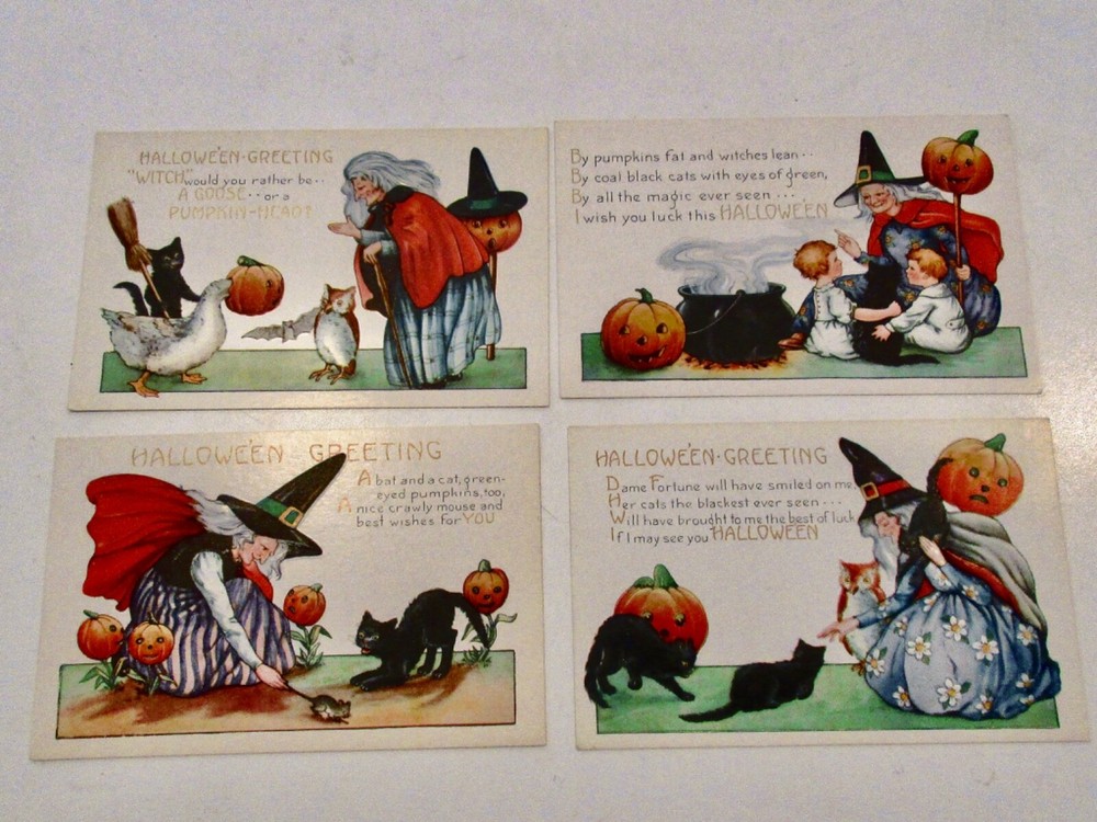 Vtg. Halloween postcards (4), Whitney, Worcester MA., witch, cat, pumpkin